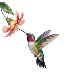 Colorful hummingbird drinking nectar from tropical flower in soft watercolor. © Sadhana