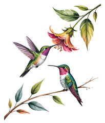 Colorful hummingbird drinking nectar from tropical flower in soft watercolor. © Sadhana