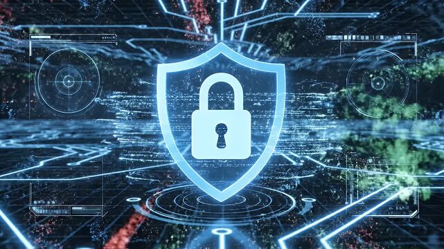 An abstract representation of a firewall and internet cyber security with a central shield and padlock symbol against a backdrop of digital data and network connections.