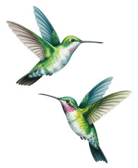 Obraz premium Vibrant hummingbirds soaring together in botanical watercolor style.