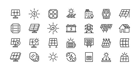 Comprehensive solar energy icon set featuring minimalist outlines depicting various renewable power solutions including solar panel installation power grid connection vector illustration.  © Azadur