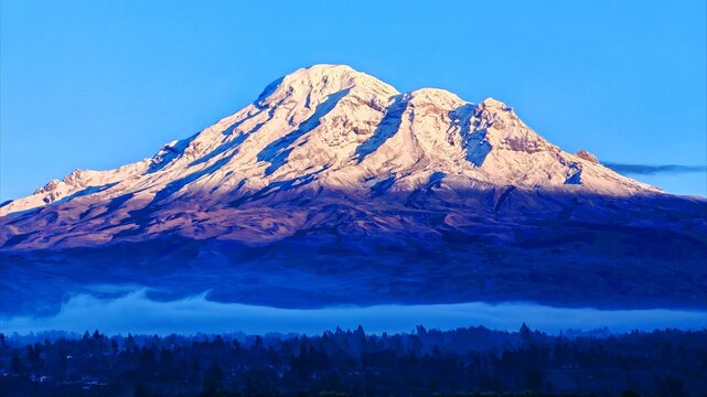Volc&aacute;n Chimborazo al amanecer con nieve y cielo azul en los Andes de Ecuador