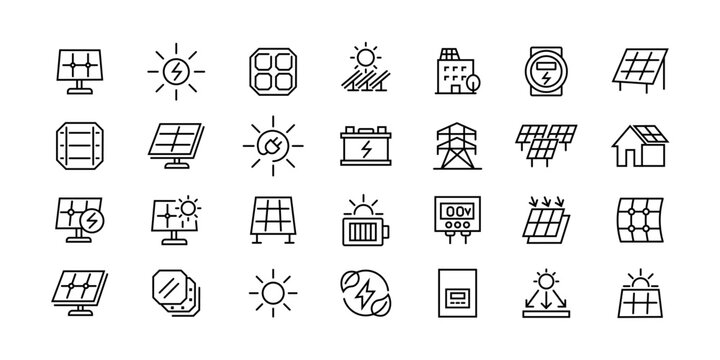 Comprehensive solar energy icon set featuring minimalist outlines depicting various renewable power solutions including solar panel installation power grid connection vector illustration. 