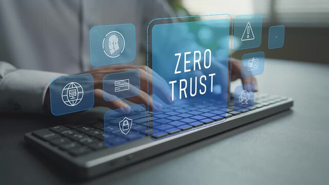 Zero trust security concept. Person typing keyboard with cybersecurity and access control icons, secure authentication, network protection and data security.