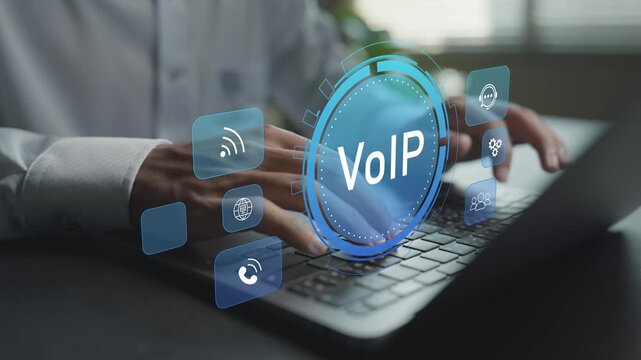 VoIP voice over internet protocol concept. Person using laptop with internet calling and communication icons, digital phone system, online communication and cloud telephony.
