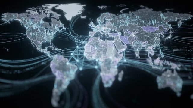 Medium shot showing a detailed digital network map of streaming data distribution focus on interconnected nodes with blurred background of global connections.