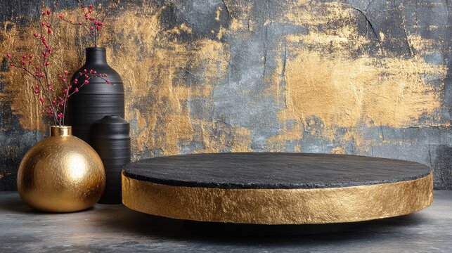 Elegant Golden and Black Background with Decorative Vases for Display