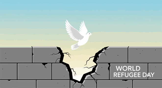 White dove flying from broken wall, representation for World Refugee Day. Design embodies hope, peace, freedom for displaced people, highlighting resilience during World Refugee Day.