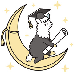 Fototapeta premium Delightful Funny Alpaca in a Graduation scene with sitting on a moon – Class of [Year] Success vector illustration