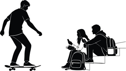 Teenagers lifestyle silhouette with skateboarder and students using smartphones, youth urban culture, modern technology social life vector illustration © jamiul