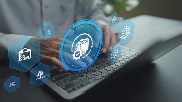 Supply chain management concept. Person using laptop with logistics and distribution icons, inventory control, transportation network and operational efficiency.