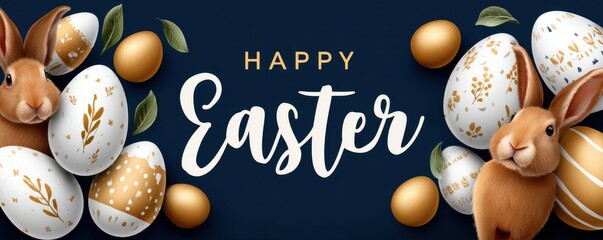 Obraz premium Happy Easter greeting with golden eggs and bunnies on dark blue background