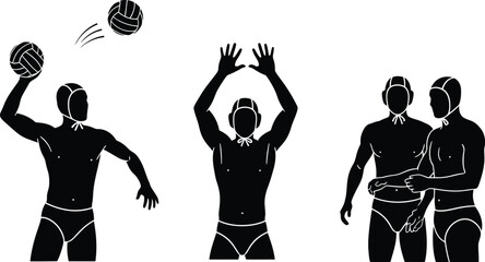 Obraz premium Water polo player silhouettes set with athletes throwing ball, defending goal, team sport action poses vector illustration