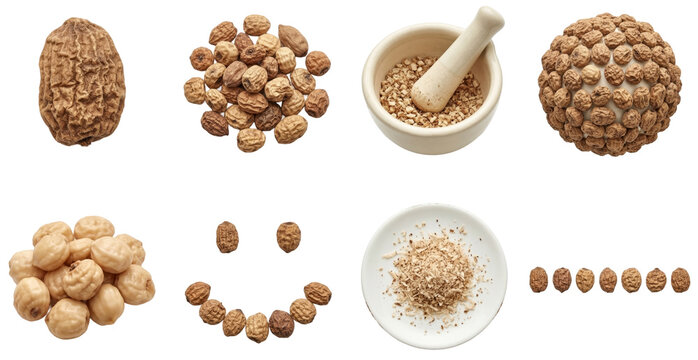set of raw and peeled tiger nuts (cyperus esculentus) with powder and mortar on black background