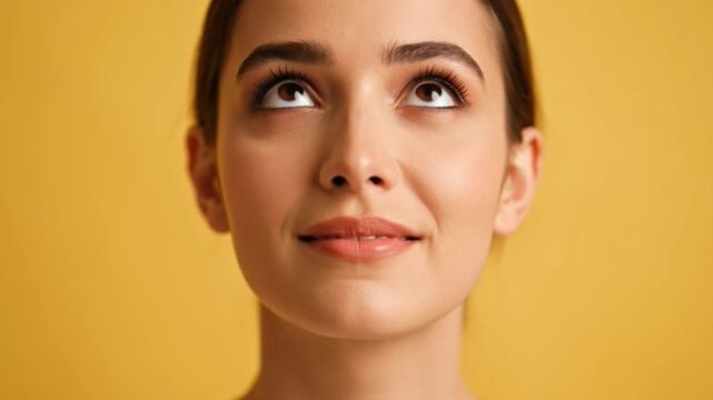 Womans portrait against yellow background expressing happiness and contentment