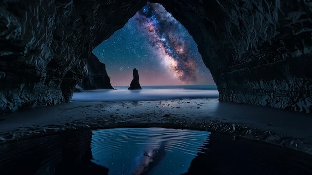 洞内の二つの潮だまりと頭上の星が呼応する夜