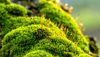 Fototapeta premium Vibrant green moss covered in glistening morning dew, with delicate sporophytes reaching skyward, illuminated by soft natural light in a pristine forest environment.