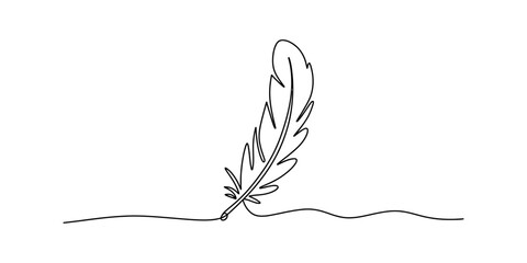 Minimalist continuous line drawing of a feather acting as a quill pen, writing a simple wavy line Vector, illustration © Continues One Line D