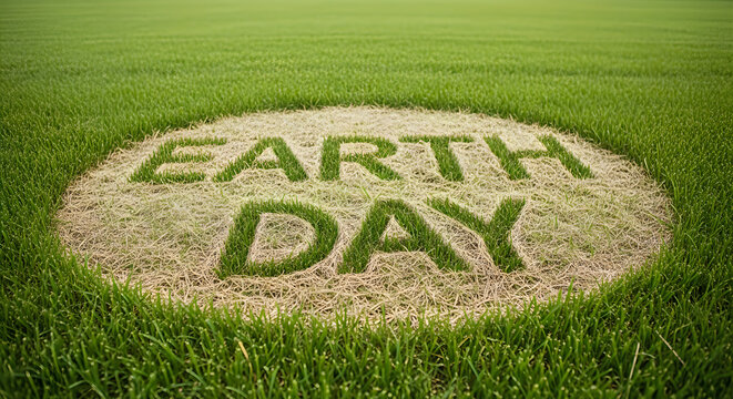 Earth Day text written in green grass on a patch of dry soil surrounded by lush lawn.