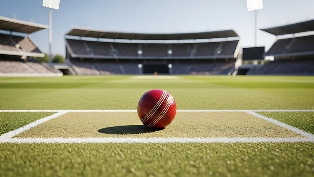 Red cricket ball on pitch in empty stadium