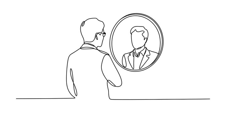 Continuous line art illustration of a man looking at his professional reflection in a mirror Vector, illustration