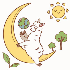 Fototapeta premium Cute Sleepy Alpaca, accessorized with sitting on a moon, in a Earth Day world – Go Green Planet palette vector