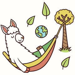 Fototapeta premium Go Green Planet colored Alpaca with a Funny touch, placed in a Earth Day theme and styled with in a hammock