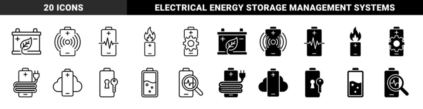 Hybrid battery energy icon set featuring conceptual combinations of power cells with eco leaves wireless signals gears fire and cloud storage symbols
