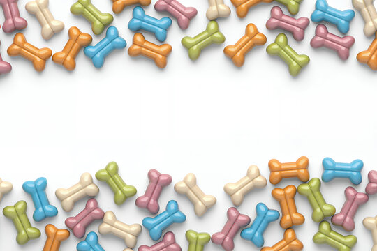 Multicolored dog bones border on white background pet treats