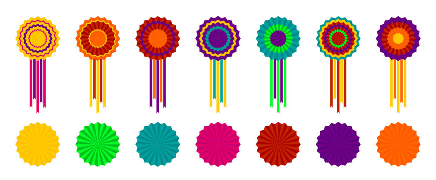 Mexican fiesta paper fans set for Cinco de Mayo party decoration, colorful paper rosettes with ribbons, decorative vibrant paper wheels isolated on white background, festive party supplies vector