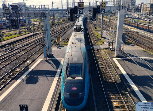 The French high-speed train TGV arrives at Bordeaux station.