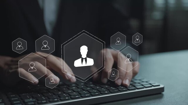 HR management system platform concept. Person typing keyboard with employee management icons, workforce planning, recruitment management and human capital development.