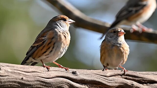 Two small birds chirping on a branch in natural light