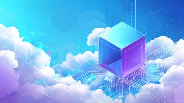 Abstract Futuristic Cloud Computing Concept with Glowing 3D Cube, Digital Data Storage and Network Technology in Sky