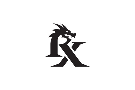 Dramatic dragon rx logo design fiery mythical creature symbol