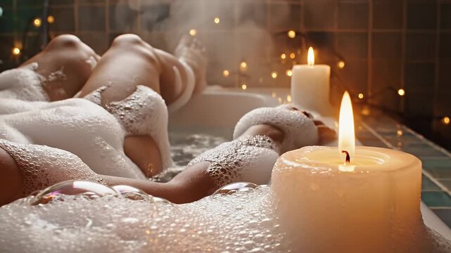 A relaxing pov shot from a bathtub filled with bubbly white foam, showing a person's body immersed. Warm candlelight illuminates the scene with steam rising in the background for a peaceful ambiance.