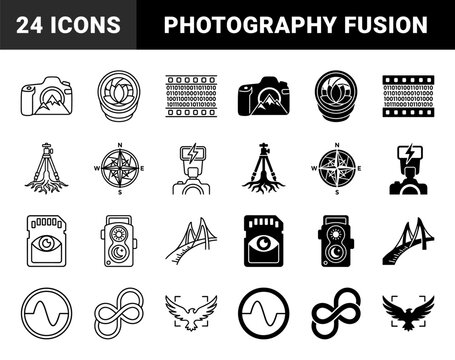 Hybrid photography and nature icons merging camera lenses with lotus flowers tripod roots and compass mountain peak elements in line and solid styles