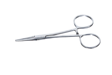 Metal hemostat clamp isolated on white background. Locking surgical instrument with ring handles for medical, laboratory and precision use.