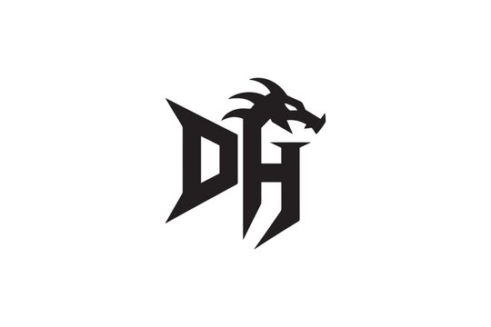 Dynamic dh dragon logo design featuring fierce mythical creature emblem