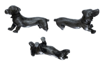 Small cast iron Soviet dachshund dog figurine shown from several angles, isolated on white background. Vintage decorative animal sculpture from the USSR era.