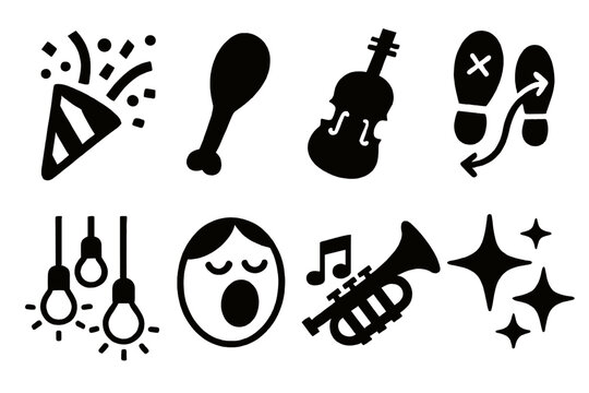 Joyful Festival Icons. Joyful Festival silhouette set: confetti burst, drumstick, violin, dance step, glowing lights, singing face, trumpet, star sparkle