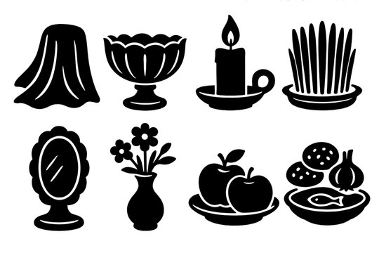 Elegant Haft-Seen Icons. Elegant Haft-Seen Display silhouette set: silk cloth, crystal bowl, lit candle, sabzeh tray, decorative mirror, flower vase, apple plate, symbolic items