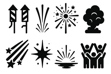Fototapeta premium Brutalist Festive Icons. Festive Pyrotechnics silhouette set: firework shells, radiant trails, sparkling bursts, smoke cloud, shooting stars, bright flash, glowing horizon, crowd
