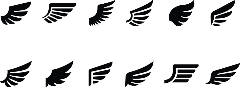 Wings icons set. Flying, bird, angel, flight. Wing symbol on white background - stock vector. wings vector set black silhouette illustration drawing tattoo design isolated on white background editable