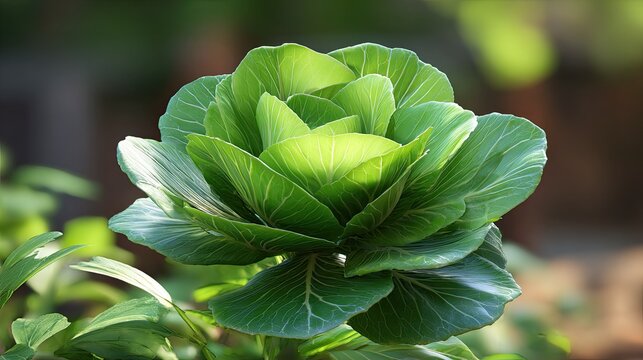 Lush green cabbage head displays layers of textured leaves growing outdoors