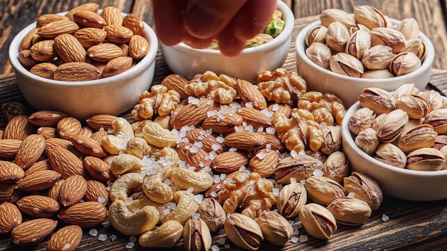 Assorted nuts displayed in bowls with hand reaching for selection