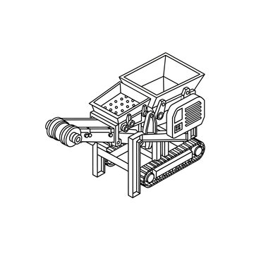 Isometric line art drawing of a mobile industrial processing machine with a hopper, screen, and conveyor belt on crawler tracks.