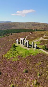 Cinematic Drone Aerial View of Fyrish Monument with Purple Heather in Bloom, Historic Stone Arches on Fyrish Hill Overlooking Cromarty Firth, Scottish Highlands Landscape, Evanton, Scotland, UK.