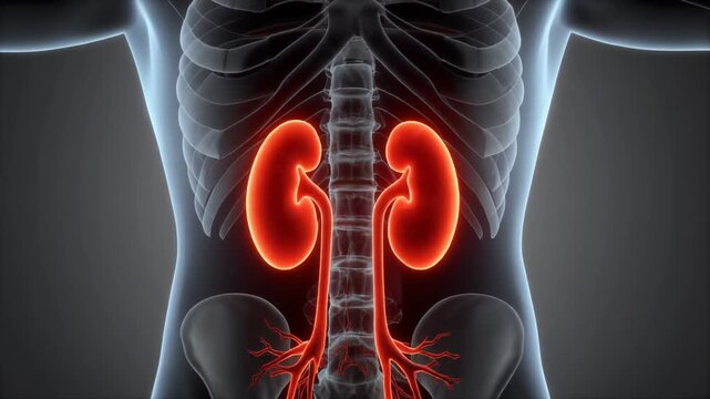 3D rendering of human kidneys, showing anatomical structure within the torso. Visualizing vital organ health and function for medical and educational contexts