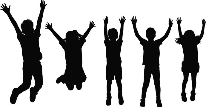 Happy children jumping and playing silhouette, flat vector illustration, cad drawing, architectural scale figures for park playground, group of kids.